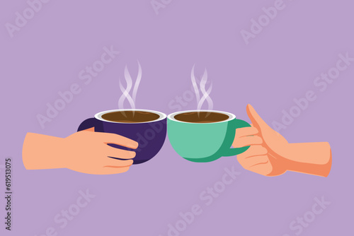 Cartoon flat style drawing hands with cups of hot coffee or hot tea. Clink glasses with two cups of coffee. Close-up cropped view of two hands holding cup and toast. Graphic design vector illustration