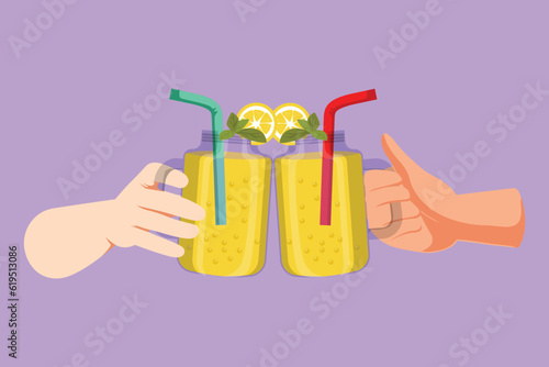Cartoon flat style drawing close-up of two hands holding a lemonade cocktails in glass jars and toasting. Friendly hang out in city park. Summer vacation and picnic. Graphic design vector illustration