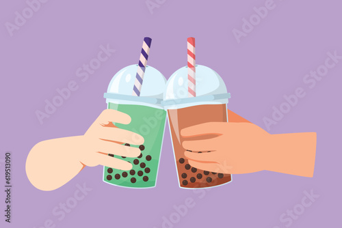 Graphic flat design drawing two hands holding plastic cup bubble tea is toasting and clinking. Brown sugar flavor tapioca pearl bubble milk tea with glass straw logo. Cartoon style vector illustration