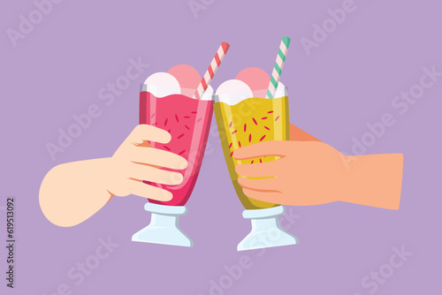 Cartoon flat style drawing close-up cropped view of people clinking with glasses of milkshake. Young romantic couple toasting with glass and drink sweet milkshake. Graphic design vector illustration