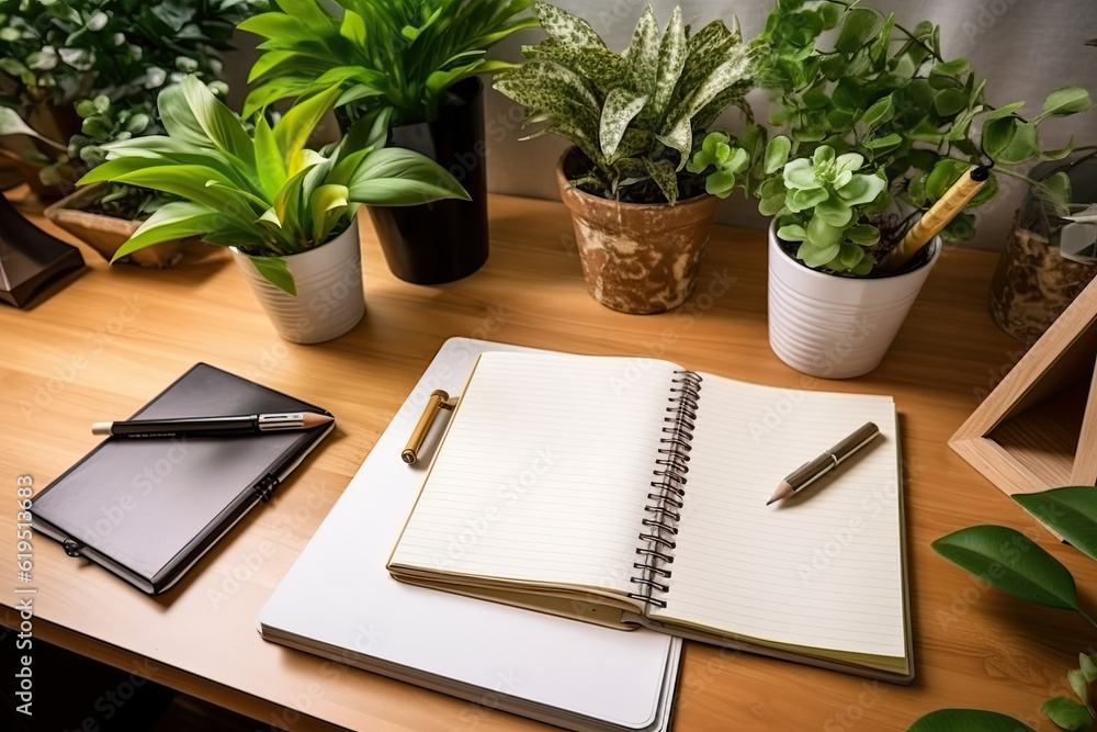 A top view of a well-maintained office desk with essential stationery items such as a pen, pencil, and an open notebook filled with handwritten business notes. Generative AI. A top view of a well-maintained office desk with essential stationery items such as a pen, pencil, and an open notebook filled with handwritten business notes. Generative AI.