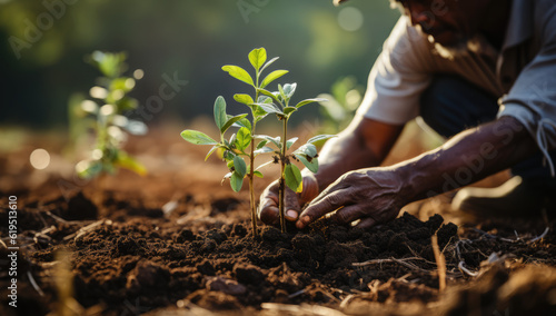 Planting the Seeds of Tomorrow: A Man Gently Places a Sapling in the Earth, Demonstrating His Passion for Nature's Care 