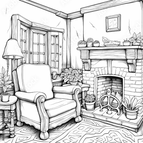 Tudor England cottage interior. Vector coloring page.