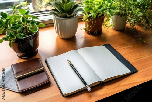 A top view of a well-maintained office desk with essential stationery items such as a pen, pencil, and an open notebook filled with handwritten business notes. Generative AI.