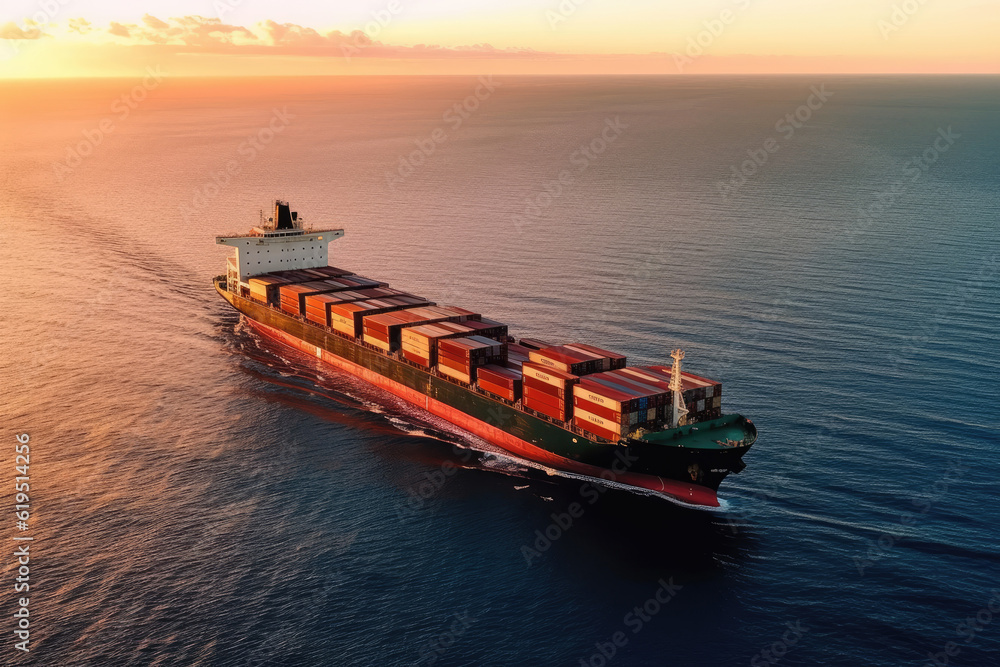 Cargo ship sailing on the sea during a serene morning. The ship is laden with containers, creating a dynamic and visually striking scene. Generative AI.