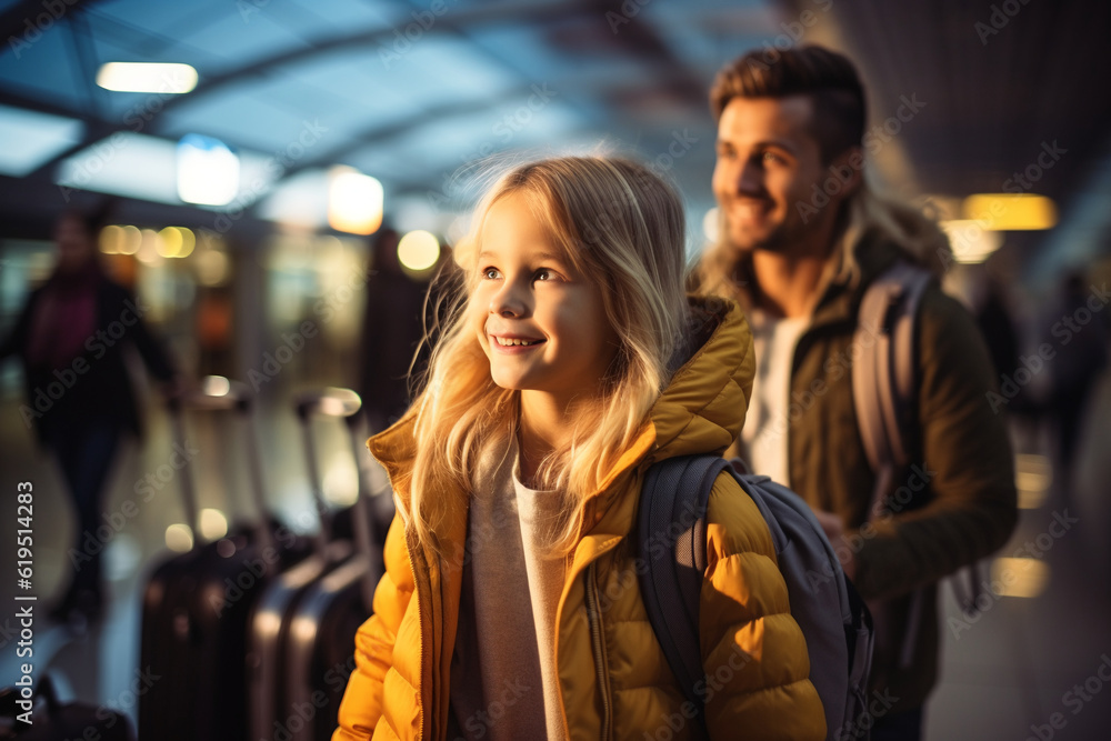Father and his daughter in the airport. Travel concept. Generative Ai Father and his daughter in the airport. Travel concept. Generative Ai