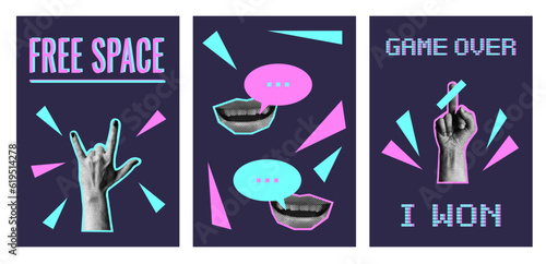 Set of posters. Collage elements. Vintage vector with dotted pop art. Text: Free space, Game over, I won. Speech bubbles. Isolated white background. Trendy halftone collage