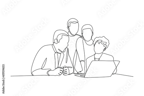 Single one line drawing working together, discussing business. Meeting of colleagues. Coworking, teamwork concept. Continuous line draw design graphic vector illustration.