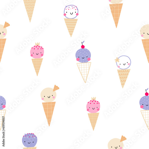 Cute cartoon ice cream character in dooodle style. Vector seamless pattern