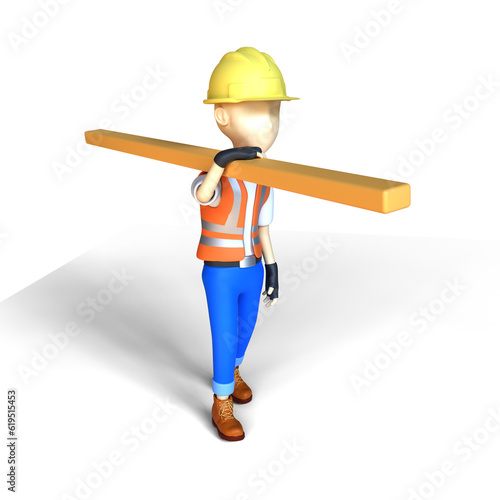 3D Rendered Construction Worker Character Carrying a Piece of Wood with Transparent Background