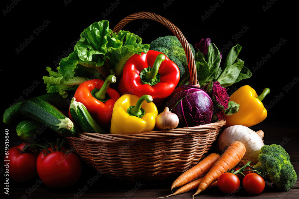This close-up shot beautifully captures a delightful display of freshly harvested vegetables arranged in a rustic wooden crate or basket. Generative AI. This close-up shot beautifully captures a delightful display of freshly harvested vegetables arranged in a rustic wooden crate or basket. Generative AI.