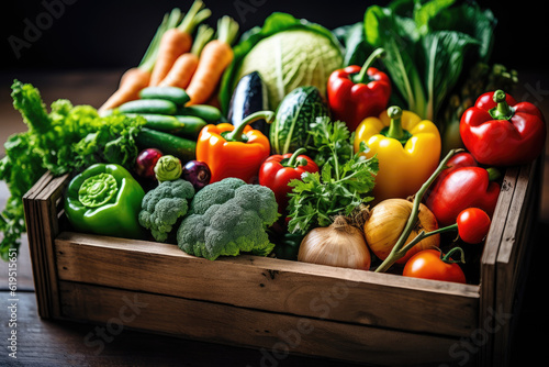 This close-up shot beautifully captures a delightful display of freshly harvested vegetables arranged in a rustic wooden crate or basket. Generative AI.