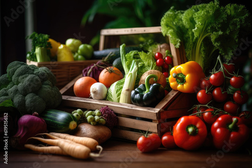 This close-up shot beautifully captures a delightful display of freshly harvested vegetables arranged in a rustic wooden crate or basket. Generative AI.