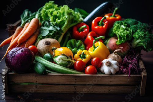 This close-up shot beautifully captures a delightful display of freshly harvested vegetables arranged in a rustic wooden crate or basket. Generative AI.