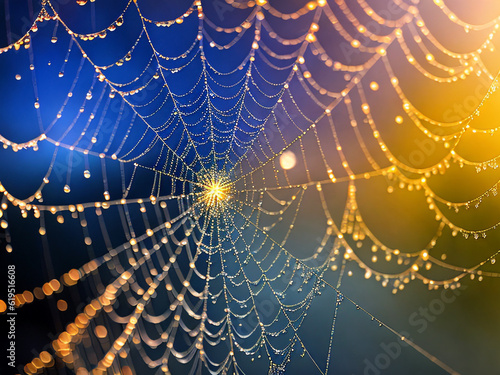 Detailed shot of a dewy spider web, mystifying