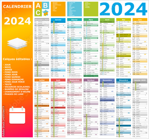 Calendrier 2024 14 mois ntièrement modifiable via calques et texte sans serif