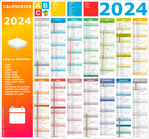 Calendrier 2024 14 mois ntièrement modifiable via calques et texte sans serif