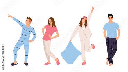 A bunch of men and women dressed in pajamas, kingurumi. Set of people in overalls, pajamas or kigurumi on a white background. Flat vector illustration. photo