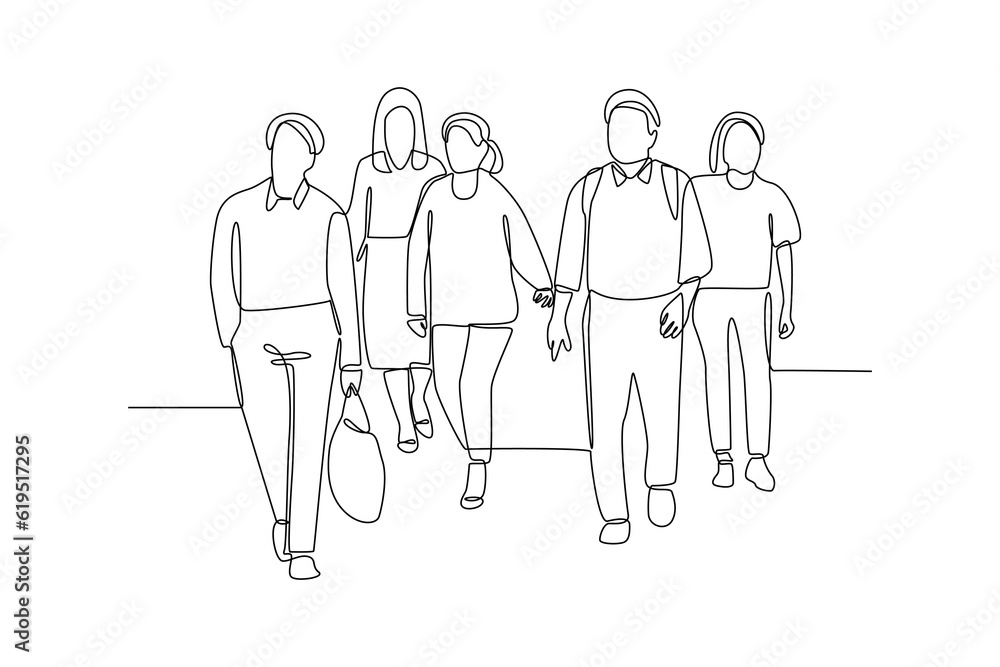 Continuous one line drawing concept of a crowd of happy people outdoors. Single line draw design vector graphic illustration. Continuous one line drawing concept of a crowd of happy people outdoors. Single line draw design vector graphic illustration.
