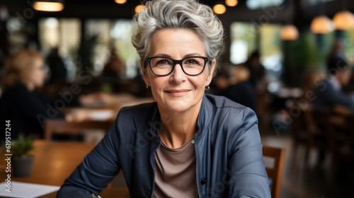 Portrait of smiling mature businesswoman in eyeglasses sitting at cafe. Generative AI.