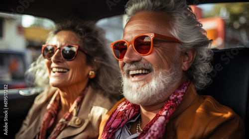 Cheerful senior couple in sunglasses smiling and looking away in car. Generative AI.