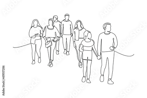 Continuous one line drawing concept of a crowd of happy people outdoors. Single line draw design vector graphic illustration.