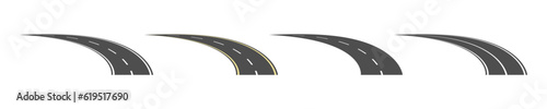 Set of roads vector icons. Curved highway. Road with marking. Grey asphalt with strips. Top view.