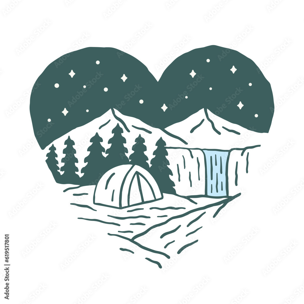 Camping near the waterfall and view of the nature mountain design for badge, sticker, t shirt vector illustration
