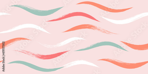 Seamless Wave Pattern, Hand drawn pink vector background. Wavy girly brush stroke, curly grunge paint lines, watercolor illustration