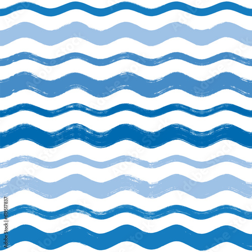 Seamless Wave Pattern, Hand drawn water sea vector background. Wavy beach print, curly grunge paint lines, watercolor illustration