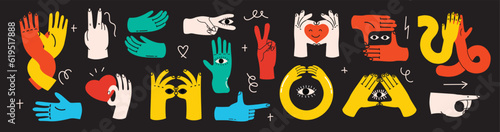 Groovy hippie set of colorful hands with different gestures. Hands with heart, eyes, together hands and etc. Hand drawn vector illustration.