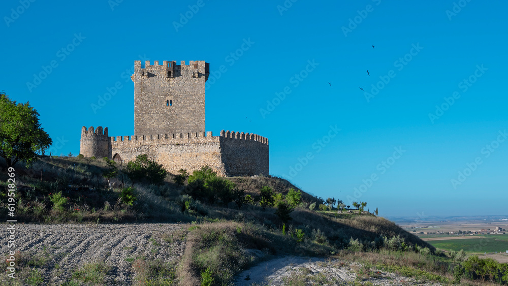 El majestuoso castillo de la villa de Tiedra dominando sobre tierras de Castilla y León, España