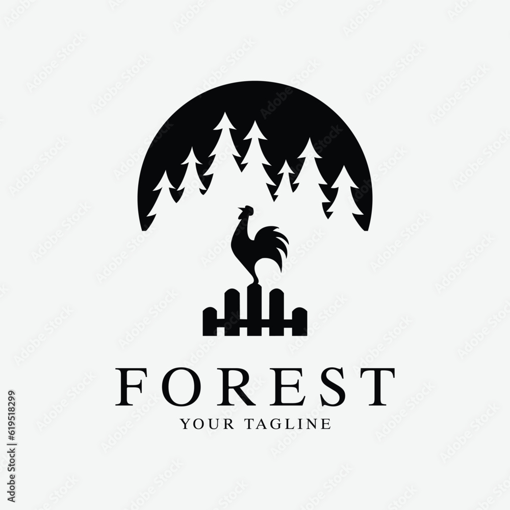 forest chicken logo line art design