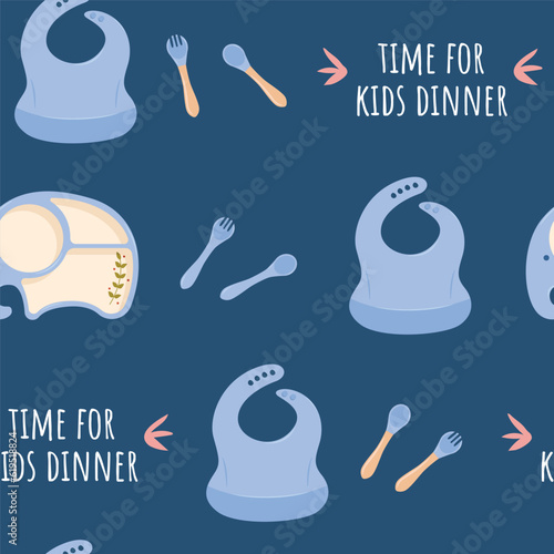 Kids plate, fork and spoon silicone dishware for baby. Vector pattern in Scandinavian style. Minimalism.