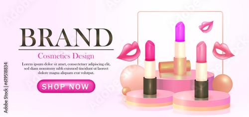 Cosmetic brand lipstick podium, 3d vector. Suitable for product sales advertising