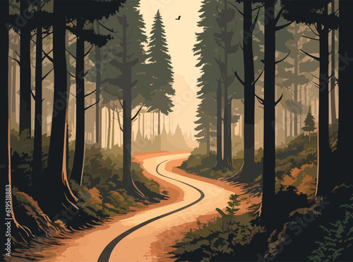 A painting of a road running through a forest flanked by rocks and trees. landscape forest.