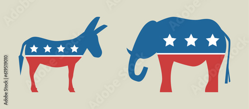 Foto Elephant and donkey in USA flag colors
