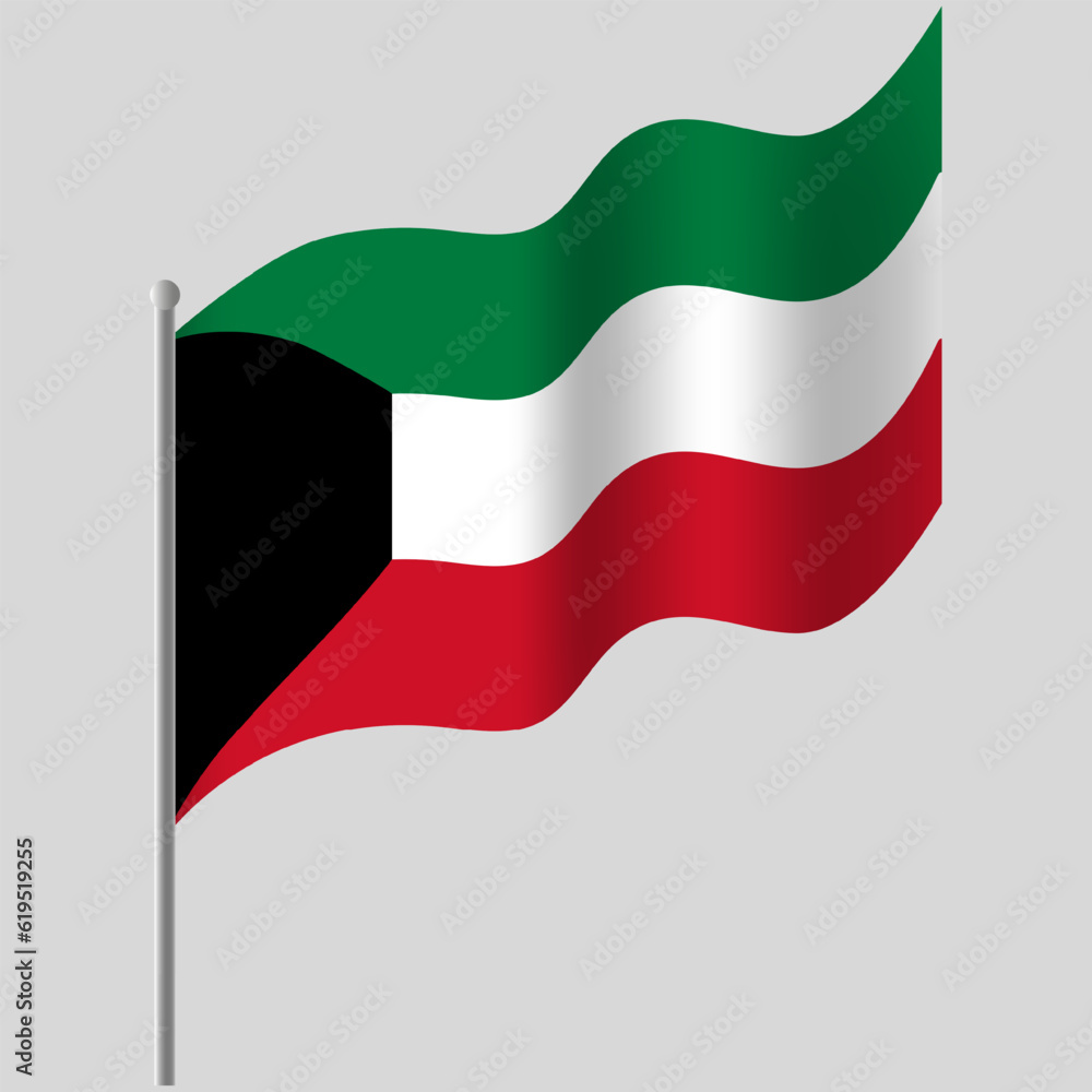 Waved Kuwait flag. Kuwait flag on flagpole. Vector emblem of Kuwait Waved Kuwait flag. Kuwait flag on flagpole. Vector emblem of Kuwait