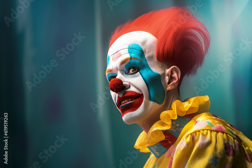 Generative AI image of male clown in yellow dress bright makeup and colored hair looking away while sitting in room with blurred blue colored wall
