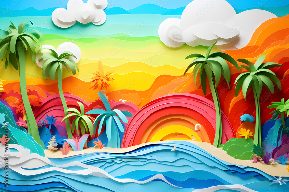 Summer beach background, paper cut 3d illustration with palm trees, coast, sea and rainbow, vivid colors, cartoon 3d wallpaper created with generative AI