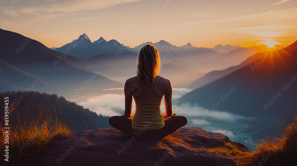 Harmonizing Body and Soul: Woman Yoga Practice on Majestic Mountains, Generative AI