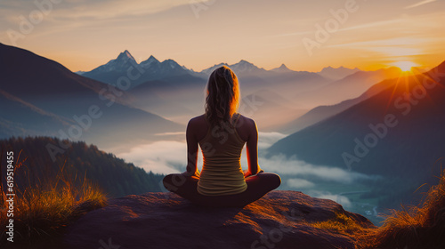 Harmonizing Body and Soul: Woman Yoga Practice on Majestic Mountains, Generative AI