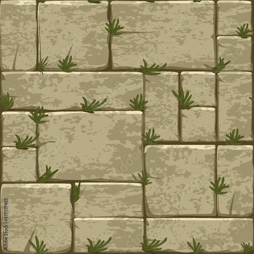 Cartoon stone pavement seamless pattern, brick wall texture, cracked rock paver on grass.