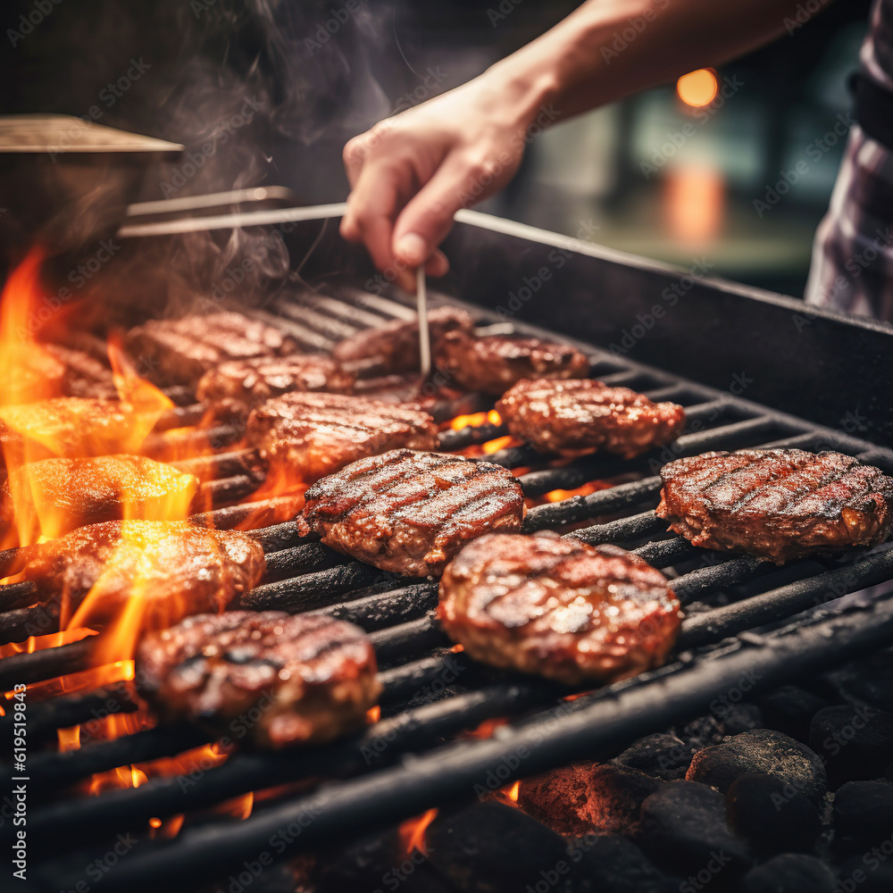 barbecue camping, fried burger patties, man frying meatballs on barbecue barbecue camping, fried burger patties, man frying meatballs on barbecue