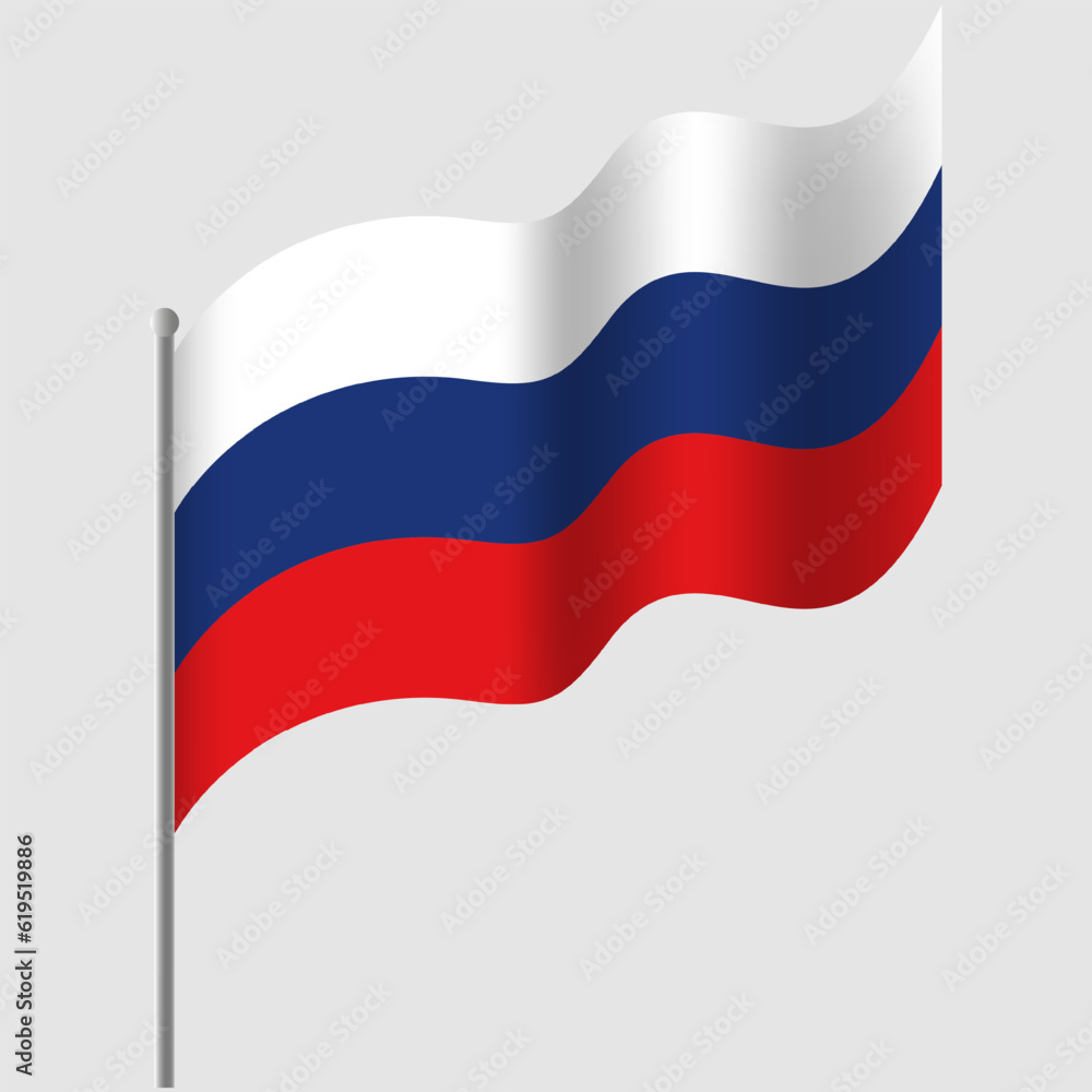 Waved Russia flag. Russian flag on flagpole. Vector emblem of Russia Waved Russia flag. Russian flag on flagpole. Vector emblem of Russia