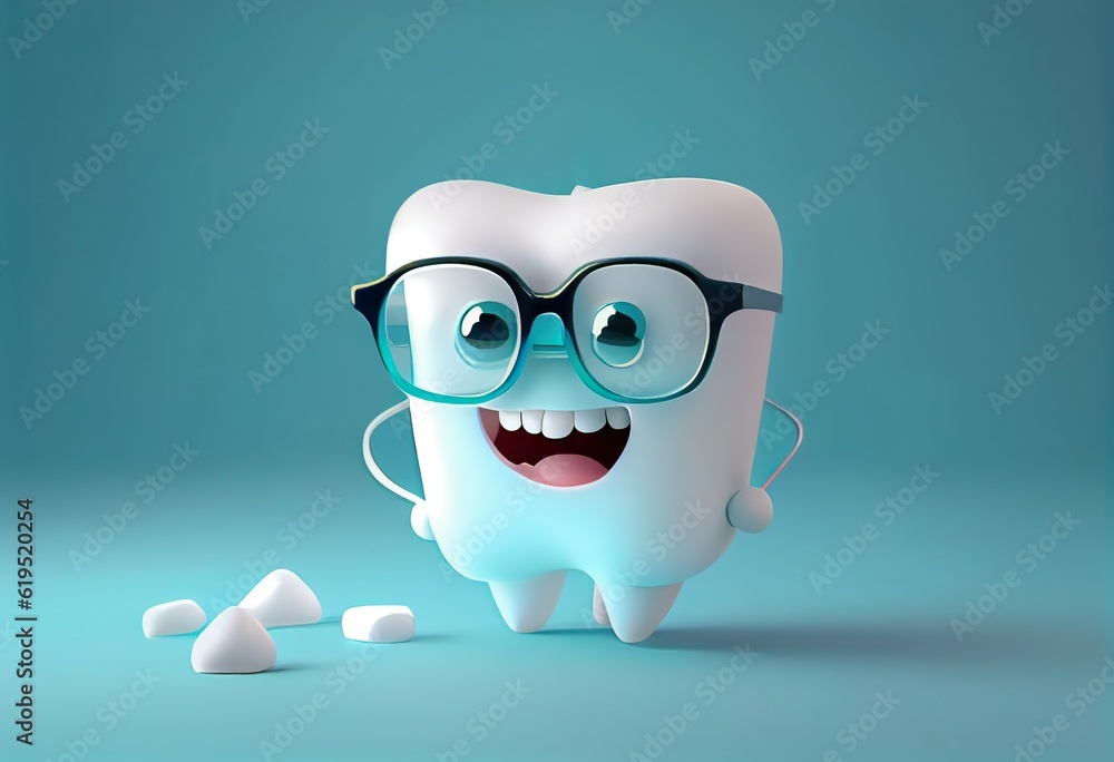 Cute happy tooth character. Funny kids teeth with face, eyes and smile. Generative AI