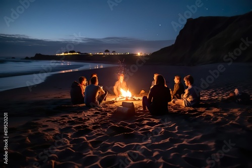 Night picnic with camp fire and friends sitting around at water sea beach. Generative AI