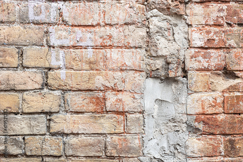 Red, White, Green, Pink, Paint, Mold, Wall Background. Old Grungy Brickwork Horizontal Texture. Brickwall Backdrop. Structure With Broken Stucco And Plaster.