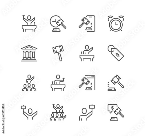 Set of auction related icons, price tag, deal, auctioneer, courthouse and linear variety vectors.