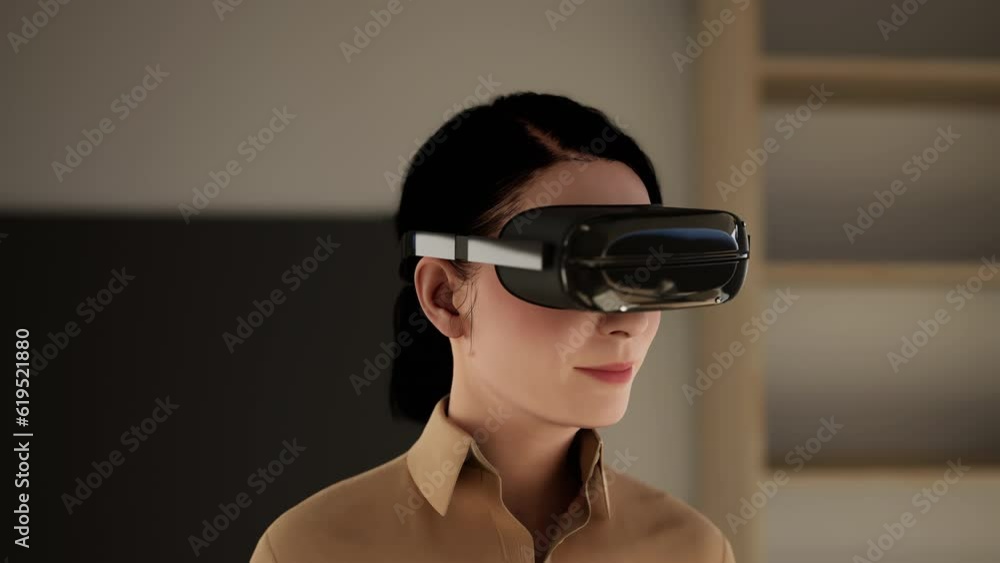 technology, online game, entertainment, virtual world in 3D simulation. millennial woman in vr glasses plays at home, 3d render technology, online game, entertainment, virtual world in 3D simulation. millennial woman in vr glasses plays at home, 3d render